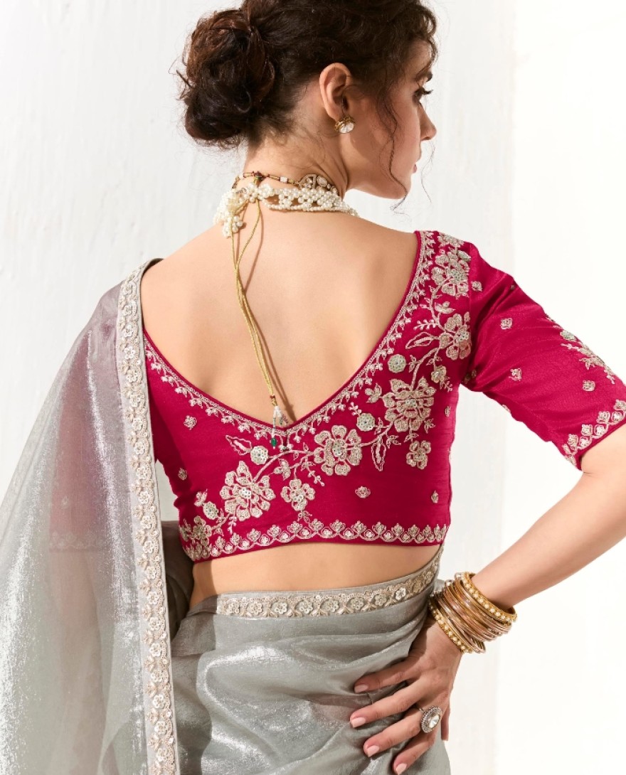 2218 - Bewitching Grey Zari Work Tissue Silk Reception Wear Saree